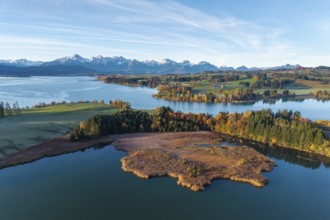 Extensive autumn landscape with a lake and a view of the mountains in the background, Illasbergsee,