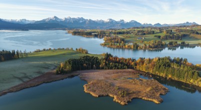 Autumn scene with a lake surrounded by green landscape and mountains, Illasbergsee, Forggensee,