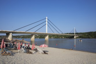 City beach on the Danube and Freedom Bridge, Novi Sad, Vojvodina Province, Serbia