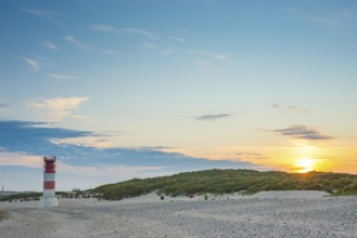 Red, white lighthouse Heligoland dune (Oberfeuer), striped, south beach, beach chairs, dunes,