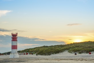 Red, white lighthouse Heligoland dune (Oberfeuer), striped, south beach, beach chairs, dunes,