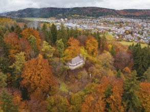 Pavilion in the middle of a colorful autumn forest with a view of a city in the distance under a
