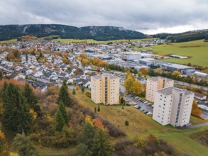 Aerial view of a village with skyscrapers and autumn leaves, Wehingen, Tuttlingen district, Germany