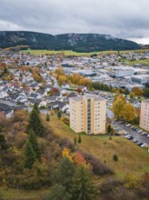 City with several skyscrapers and autumn trees in the background, Wehingen, Tuttlingen district,