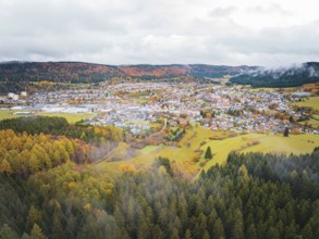 Village surrounded by autumn forests. Foggy hills and vivid colors, Wehingen, Tuttlingen district,