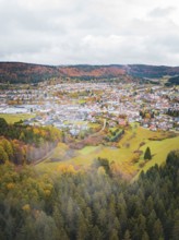 Village surrounded by autumnal landscape with foggy foothills, Wehingen, Tuttlingen district,