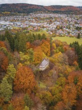 Viewing platform in an autumn forest with a view of a village below, Wehingen, Tuttlingen district,