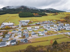 Urban area with houses and open fields in autumn landscape, Wehingen, Tuttlingen district, Germany