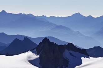 View of the snow-capped mountains from the Aiguille du Midi mountain station observation deck,