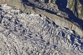 View from the Télécabine Panorama Railway of the glacial crevices of the Glacier du Géant,