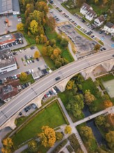Top view of a bridge over an urban area in autumn, Nagold, Black Forest, Germany