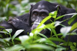 Beautiful animal portrait, chimpanzee (Pan Troglodytes), adult male among leaves in the jungle,