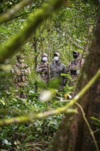Soldiers, rangers in the jungle, guarding chimpases in the jungle, animal welfare, Kibale National