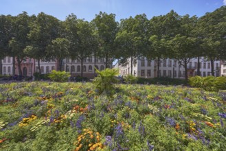 Garden area, flower bed, trees, general architecture, pedestrians as a secondary motif, blue sky,
