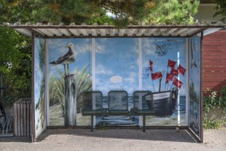 Bus stop painted with a Baltic Sea motif, Wieck a. Darß, Baltic Sea, Mecklenburg-Western Pomerania,