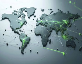 Abstract visualization of global rare earth supply network feeding EV industry, world map design,