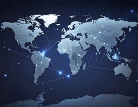 Abstract visualization of global rare earth supply network feeding EV industry, world map design,