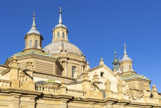 Towers and domes on roof of Basilica of Our Lady of the Pillar cathedral church, Zaragoza, Aragon,