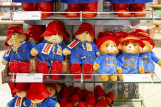 Paddington Bear toys on display, shopping area in departures lounge area, Terminal 5, London
