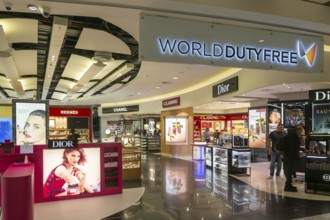 Perfume brands on display Duty Free shopping area in departures lounge area, Terminal 5, London