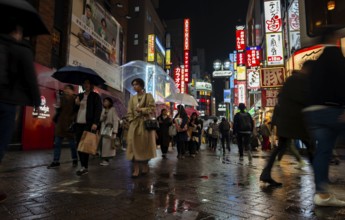 Busy pedestrian zone with many shopping centers and stores, illuminated with lots of neon signs at