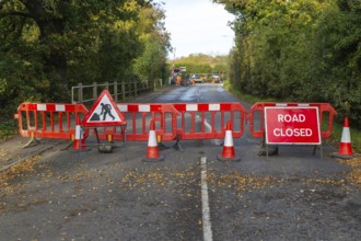 Road and rail level crossing closed, Network Rail railway line upgrade maintenance, Melton,