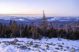 View from Mount Lusen over the hills of the bavarian forest at sunrise in winter, Bavaria, Germany