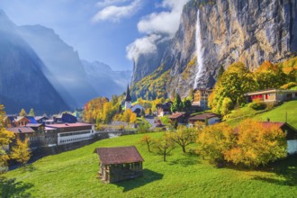 View of town and valley with Staubbach waterfall in autumn, Lauterbrunnen, Bernese Oberland, Canton
