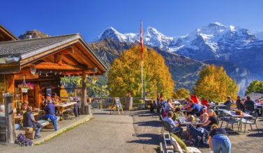 Sun terrace of the mountain inn in the hamlet of Sulwald with Eiger 3967m, Mönch 4110m and Jungfrau