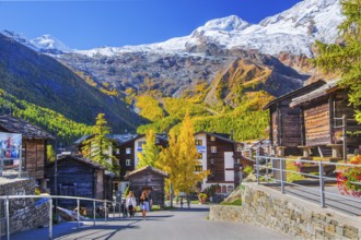 Typical granaries on the outskirts of the village with Allalin 4027m and Alphubel 4206m in autumn,