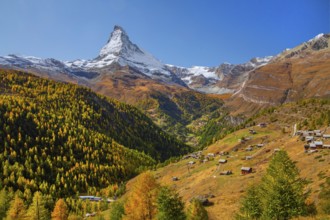 Landscape below the Sunnegga with hamlet of Findeln and Matterhorn 4478 m in autumn, Zermatt,