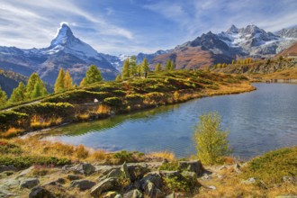 Leisee below the Sunnegga with Matterhorn 4478m and Zinalrothorn 4221m in autumn, Zermatt,