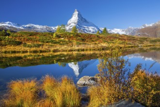 Matterhorn 4478 m with reflection in Leisee on the Sunnegga in autumn, Zermatt, Mattertal, Valais,