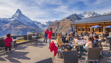 Sun terrace at mountain house on the Sunnegga with Matterhorn 4478 m, Zermatt, Mattertal, Valais,