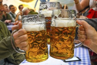 Guests toast with beer mugs, beer mug, Hacker-Pschorr party tent, Bavarian sky, Oktoberfest,
