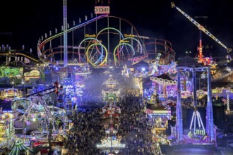 View of Oktoberfest from St. Paul's Catholic Church, Blue Hour, Munich, Bavaria, Germany