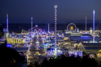 View of Oktoberfest from St. Paul's Catholic Church, Blue Hour, Munich, Bavaria, Germany