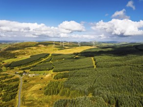 Wind Farm from a drone, Roxburghshire, Roxburgh, Southern Uplands, Scotland, UK