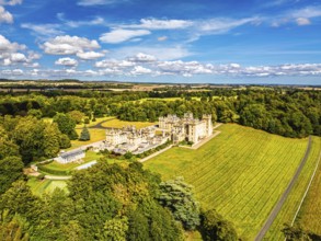 Floors Castle and garden from a drone, Duke of Roxburghe, Roxburghshire, Scotland, UK