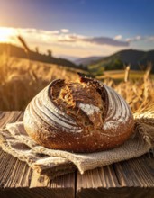 Rustic loaf of whole grain bread, fresh baked, close up of bread on dark wooden table, golden rust,