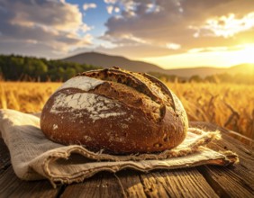 Rustic loaf of whole grain bread, fresh baked, close up of bread on dark wooden table, golden rust,