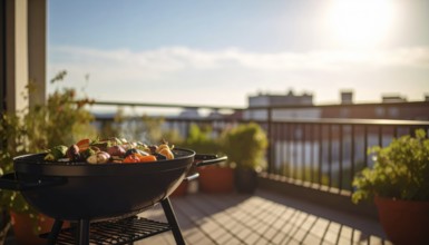 Cooking vegetables on grill on the balcony, healthy lifestyle, vegetarian barbeque, leisure time in