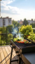 Cooking vegetables on grill on the balcony, healthy lifestyle, vegetarian barbeque, leisure time in