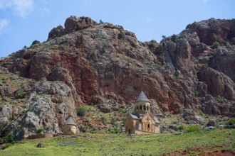 Lonely church in impressive rocky landscape under clear sky, Noravank monastery, Surb Astvatsatsin