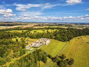 Floors Castle and garden from a drone, Duke of Roxburghe, Roxburghshire, Scotland, UK