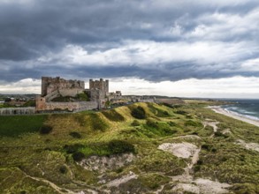 Bamburgh Castle from a drone, Northumberland, Northeast Coast, England, United Kingdom