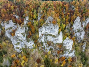 Aerial view, top down view of distinctive rock towers, Weissjura, Jurassic limestone cliffs,