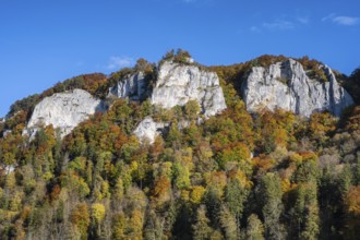 View across the Danube to the distinctive Hausener Zinnen, climbing rocks, Jurassic limestone