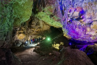 Coloured lighting, fog cave, stalactite cave in the Swabian Jura, stalactites, stalactite forest,