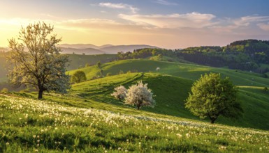 Spring blooming landscape, trees in the foreground, green hills covered with blooming flowers,